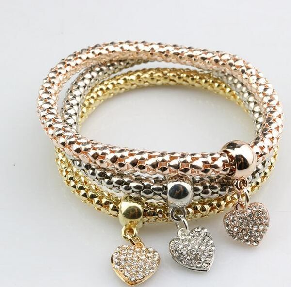 

three - tier three - color corn chain with diamond heart love elastic popcorn bracelet chain, Golden;silver