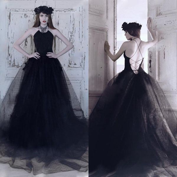 Abiti da sposa vintage 2017 in raso nero e tulle a trapezio gotico sexy incrociato sul retro abiti da sposa lunghi su misura Cina EN10310