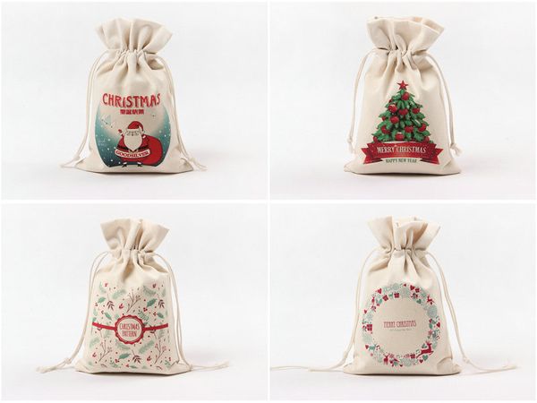 

DHL 360pcs Christmas Gift Bags 14 style Organic Heavy Canvas Bag Santa Sack Drawstring Bag With Reindeers Santa Claus Sack Bags for kids