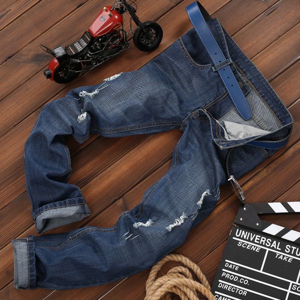 

wholesale- new fashion ripped men's jeans slim denim biker pants washed blue color trousers skinny jeans for male vintage jeans