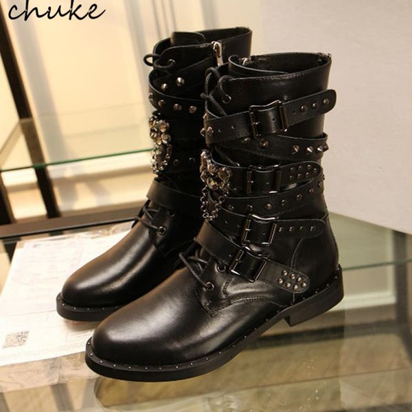 Top Sale Leather Motorcycle Boots Women Chain Rivet Fashion Four