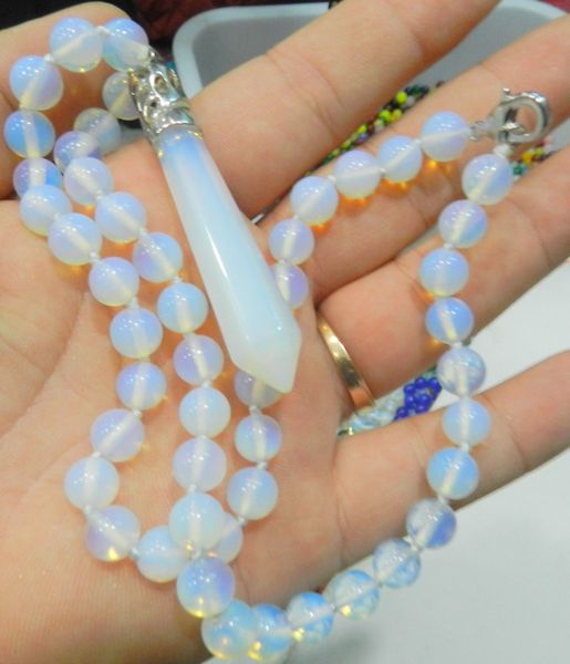 

hexagonal gemstone healing chakra reiki opal opalite stone pendant necklace, Silver