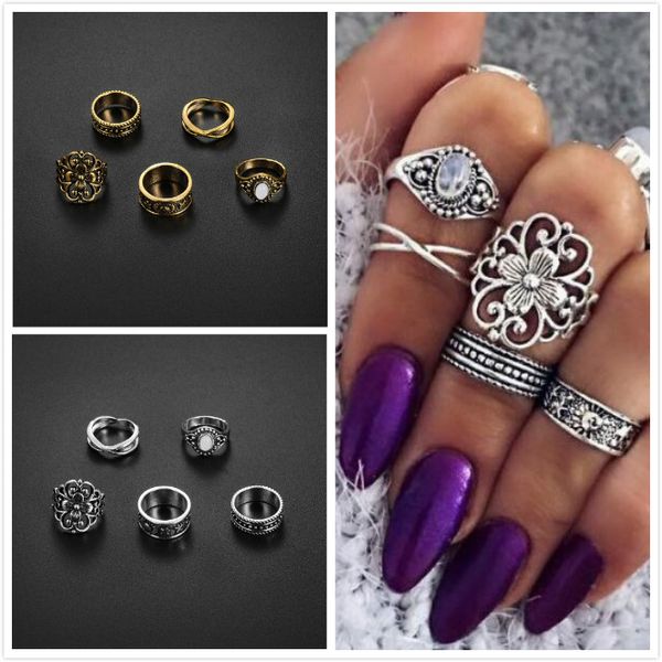 

european style knuckle ring sets antique silver/gold vintage engraved totem flowers 5 pcs sets fingernail ring sets