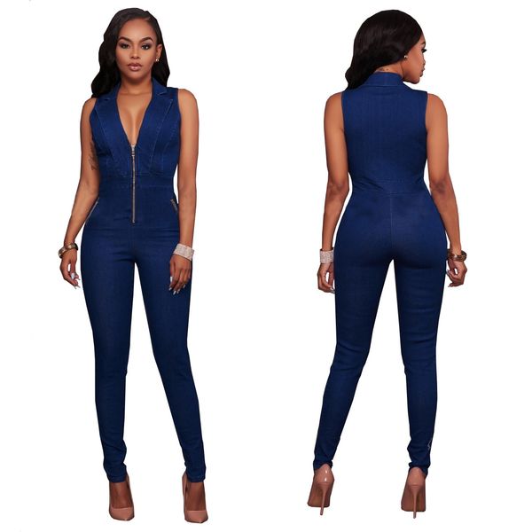

new arrival jeans women sleeveless denim jumpsuit european style fashion zipper slim deep v neck overalls bodysuit, Black;white