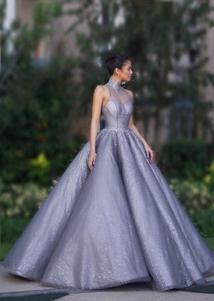 

luxury crystal prom dresses high neck floor length see through back party gowns pleat satin long evening wear ball gown for women, Black