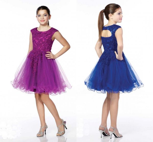 Vestidos de concurso da menina apliques frisado tule renda uma linha na altura do joelho inchado vestido de flor da marinha linda princesa sagrada meninas vestidos HY1314