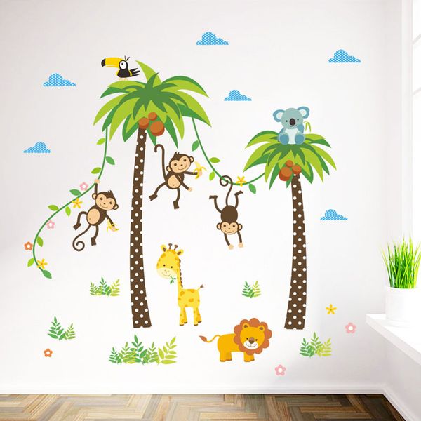 

cartoon monkey swing on the coconut tree wall stickers for kids baby room wall decoration cloud elephant giraffe wall paper ing