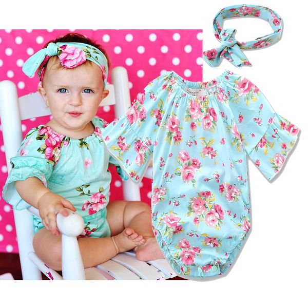 

2017 new 2 style children summer rompers ins baby girl floral print backless jumpsuit newborn baby soft cotton bodysuit, Blue
