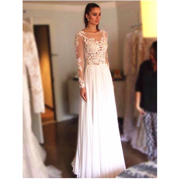 

elegant long sleeve backless beach wedding dresses 2020 floor length lace chiffon vestidos de noiva bridal gowns custom size, White