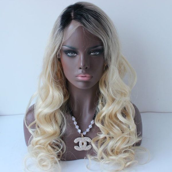 

sale long ombre blonde wavy full lace wig middle part dark roots blonde wig glueless human hair lace front wigs, Black;brown