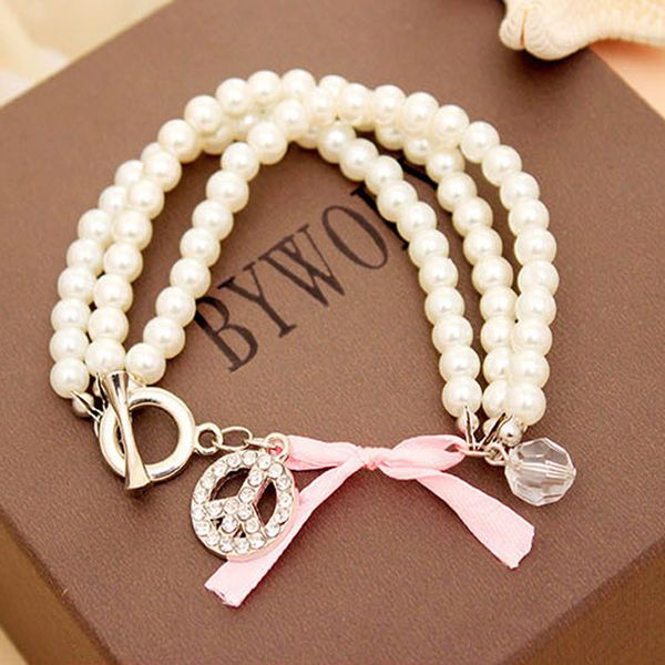 

fashion woman pearl bracelets anti war peace sign charm bracelet girls three layer pearl bracelet selling beaded strands bangle jewelry, Black