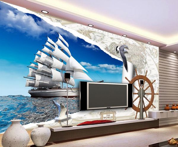 

european map 3d roman column steering wheel sailboat seagull mural 3d wallpaper 3d wall papers for tv backdrop