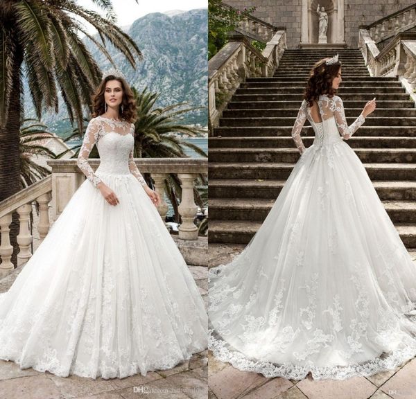 

2017 новая королева vestios de novia a-line свадебные платья sheer длинные рукава кружева корсет назад старинные свадебные платья одеяние де, White;pink