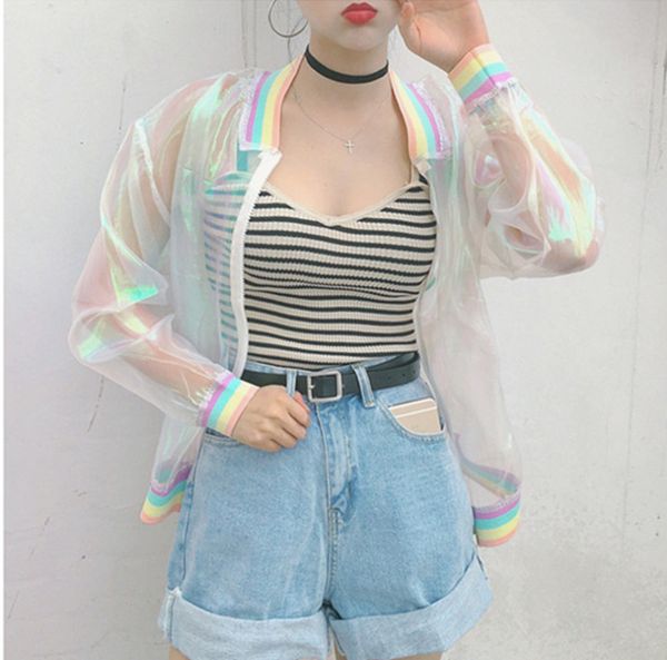 

wholesale- harajuku summer women jacket laser rainbow symphony hologram women basiccoat clear iridescent transparent bomber jacket sunproof, Black;brown