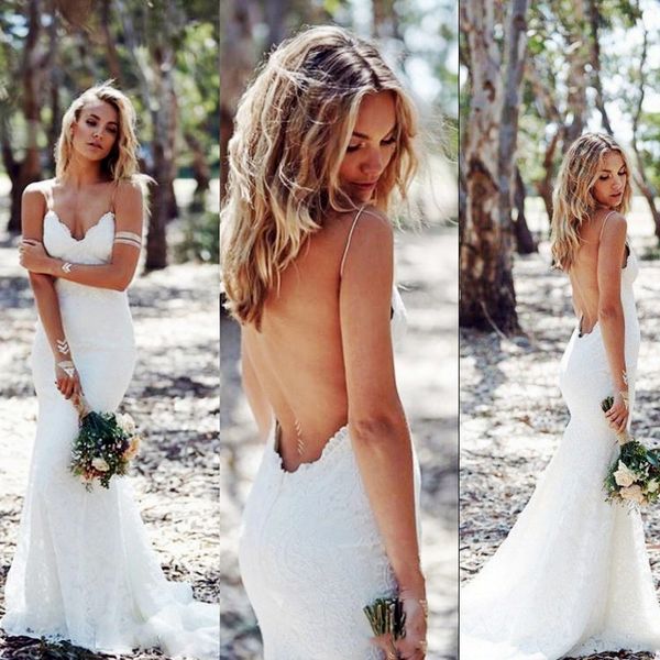 Abiti da sposa estivi senza schienale sexy Sirena senza spalline Abiti da sposa in pizzo pieno Abiti da sposa economici Sweep Low Back BOHO White Beach Wedding Vestidos