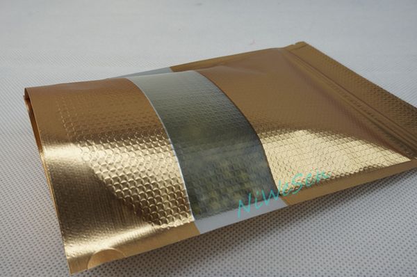 

15x22cm 100pcs/lot x stand up matte gold aluminium foil embossing ziplock bag with window-mylar charcoal powder pouch, pigment sack