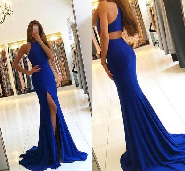 

formal mermaid royal blue evening dresses side split prom celebrity party gowns jewel neckline sleeveless custom made 2017 ba6831, Black;red