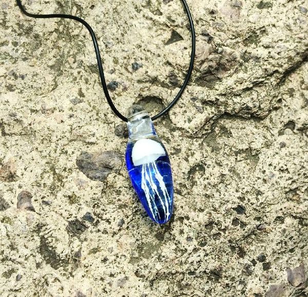 

hand made vintage blue jellyfish necklace glass art jewelry gift, Silver