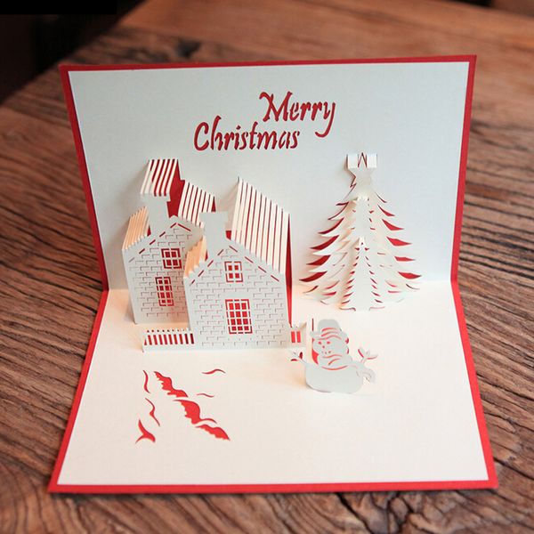 

wholesale-(5 pieces/lot)handmade creative paper sculpture 3d up christmas castle cards merry christmas wholesale ing