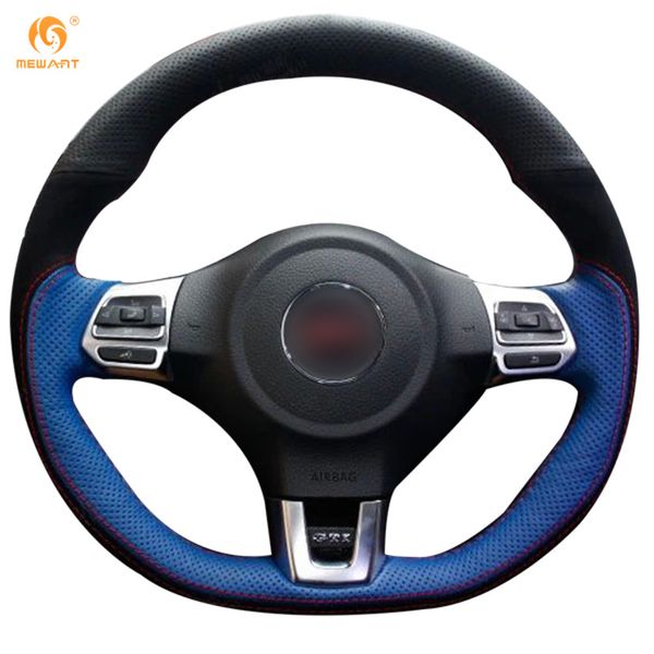 Mewant Black Blue Genuine Leather Black Suede Car Steering Wheel