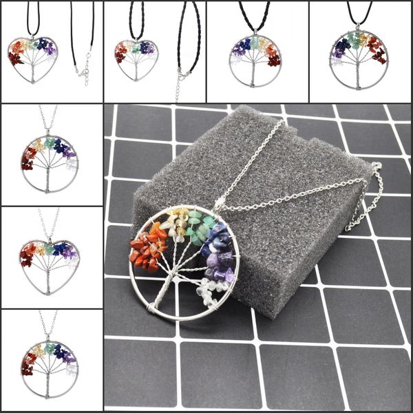 

7 chakra life of tree necklace 6 different styles pendant wire wrap natural stone bead multicolor rainbow fashion jewelry b156s, Silver