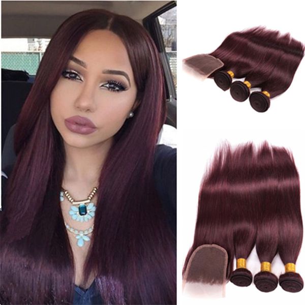 Capelli bordeaux con chiusura in pizzo Vino rosso capelli umani 3 pacchi con nodi candeggiati Chiusura in pizzo 99j Colore puro vino rosso capelli lisci