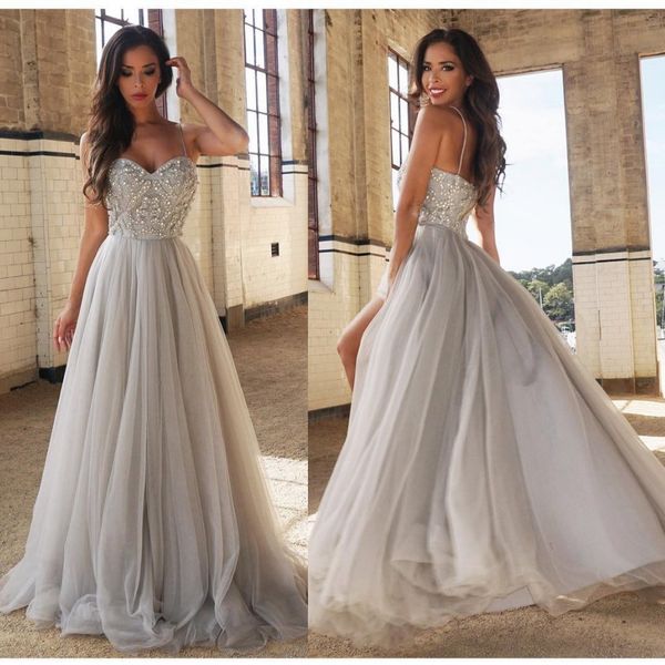 

split beaded prom dresses backless spaghetti neckline crystal a line tulle evening gowns sweep train party dress, Black