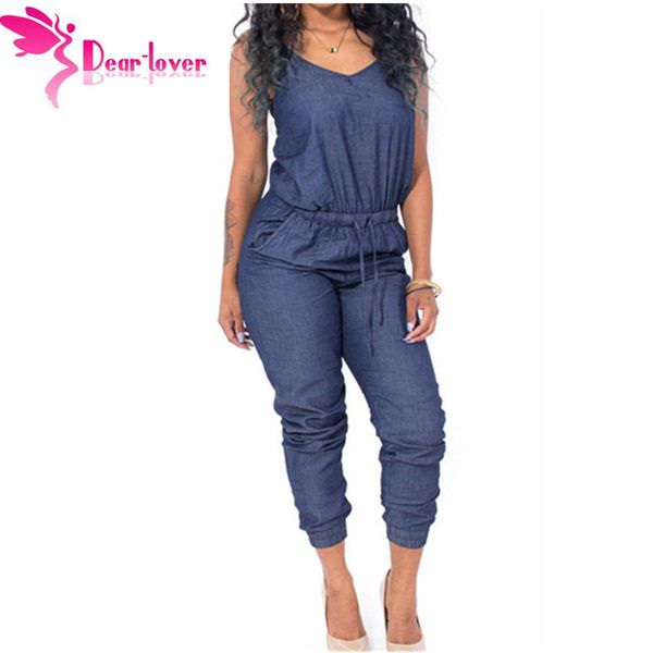 

wholesale- dear lover overalls women stylish 2016 playsuits blue stylish womens sleeveless denim jumpsuit macacao feminino comprido lc64062, Black;white