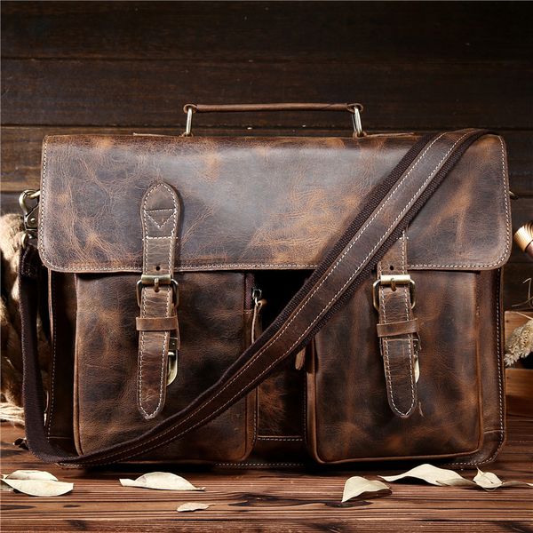 

wholesale- neweekend retro casual leather crazy horse multi-pocket 15.6 inch cowhide handbag crossbody lapbriefcase bag for man 1061