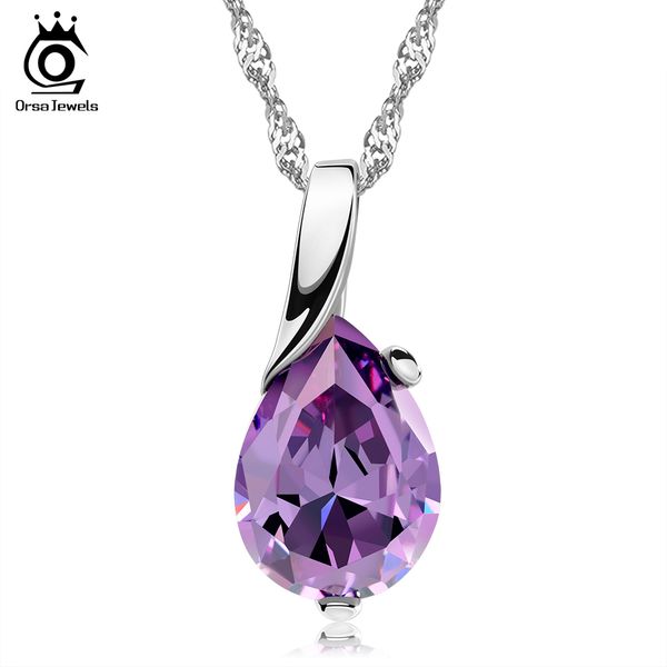 

ORSA JEWELS New Design AAA Austrian Cubic Pendant Necklace on Silver Color Purple Zircon Pendant for Women Fashion Jewelry ON39