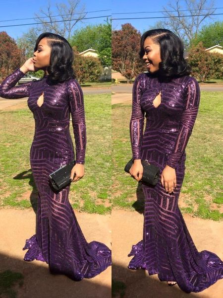 

2017 sequin mermaid prom dresses purple long sleeves arabic formal evening party gowns keyhole high neck custom made celebrity dress, Black