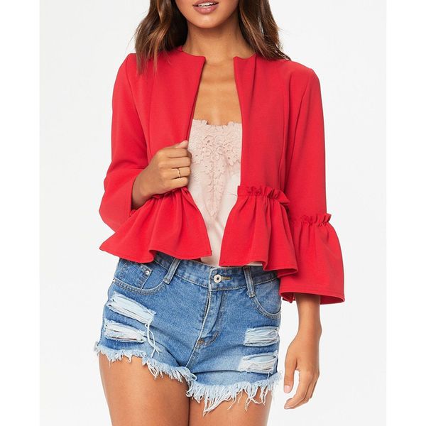 

autumn new womens ladies 3/4 sleeve cardigan flounces short casual jacket blouse 5 colors 4 size, Black;brown