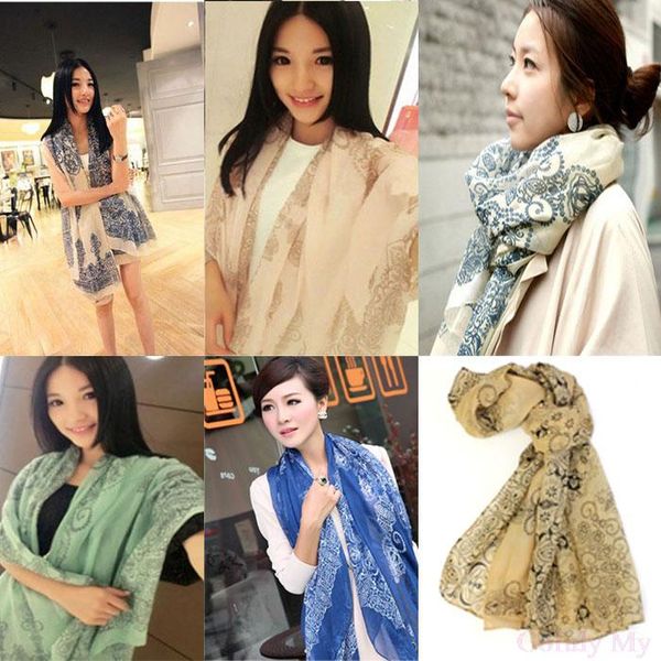 

womens printing blue and white porcelain long soft scarf wrap shawl, Blue;gray