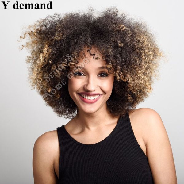 Newest Kinky Curly Wigs For Black Women Ombre Brown Blond Wig