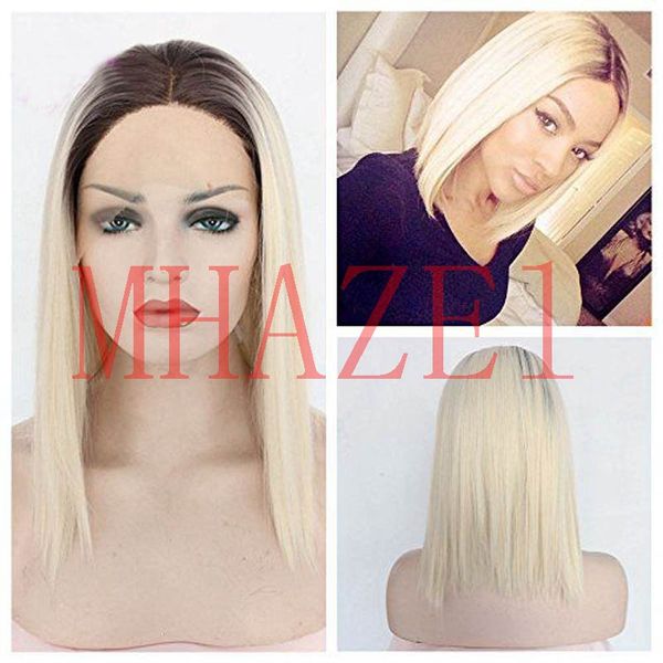 

mhazel middle part 3.5 inch short bob 1b# ombre blonde#613 heat safe synthetic hair lace front wigs, Black