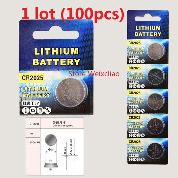 

100pcs 1 lot CR2025 3V lithium li ion button cell battery CR 2025 3 Volt li-ion coin batteries Free Shipping