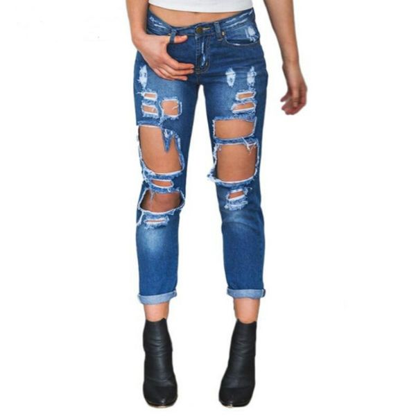 

Boyfriend hole ripped jeans women pants Cool denim vintage straight jeans for girl Mid waist casual pants female