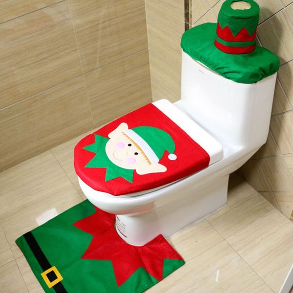 2017 Cartoon Elf Toilet Seat Cover Christmas Decorations Pad Water Tank Rug 3 Pcs