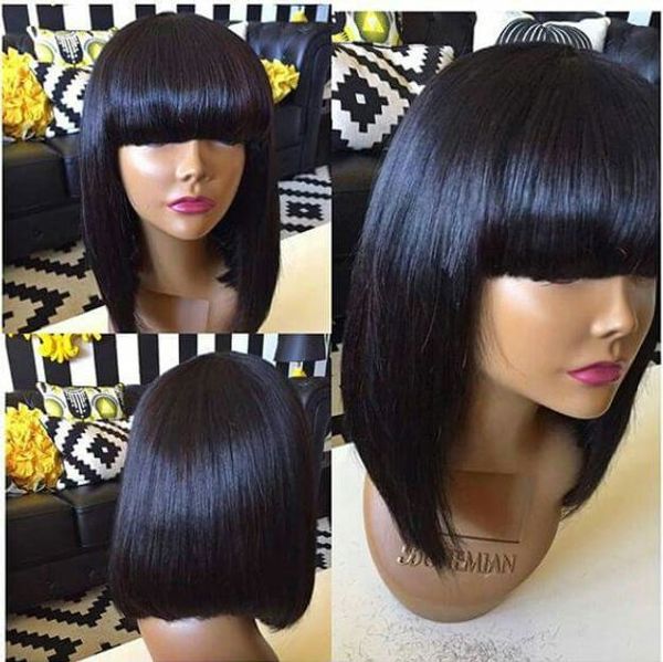 

8a human hair wig short bob with bangs brazilian hair full lace wig with baby hair for black women, Black;brown
