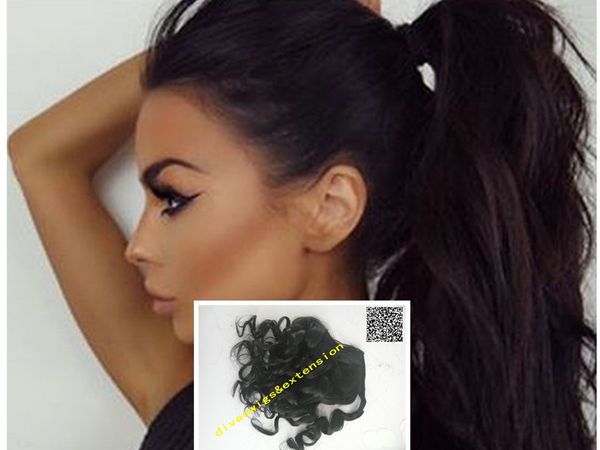 

wet wavy pony tail hair piece 100% human hair drawstring ponytail hair extension wrap around curly pony tail 120g 4colors ship, Black