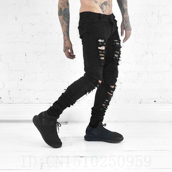 Bütün yeni hip hop gençlik moda trendleri Erkek tasarımcı kıyafetleri 30-36 siyah streç rock yıldız moto rock sıska sıska sıkıntılı yırtık j190m