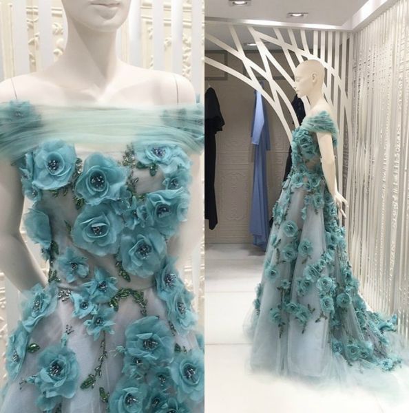 Abendkleider mit 3D-Blumenapplikationen, Perlenblau, durchsichtige Cocktailkleider, schulterfreies Ballkleid in Übergröße