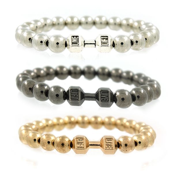 

3 styles dumbbell gym dumbbell ccb alloy bracelet men and women stretch bracelet 7 chakra healing essential oil diffuser bracelet b342s, Golden;silver