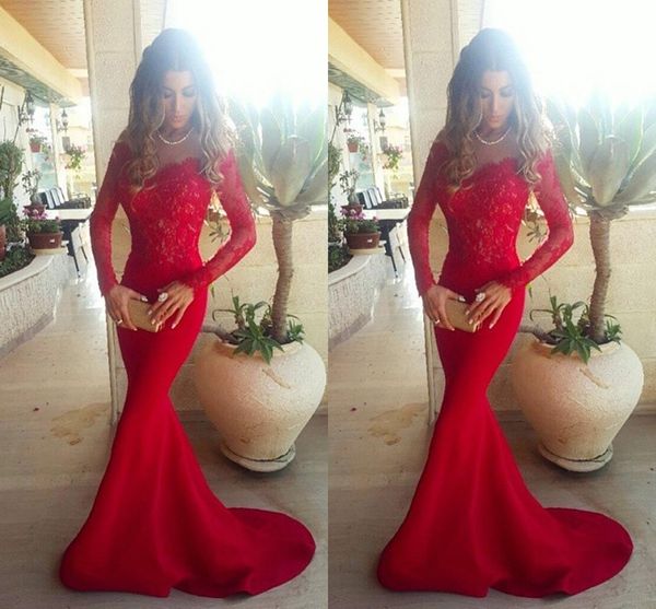 

red lace off shoulder red mermaid evening dresses 2021 elegant long sleeves lace satin myriam fares celebrity prom dresses sweep train, Black;red
