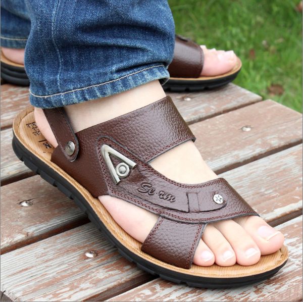 

wholesale-large size 2016 brand men's sandals slippers pu leather cowhide sandals outdoor summer men quality leather sandals for man ma, Black