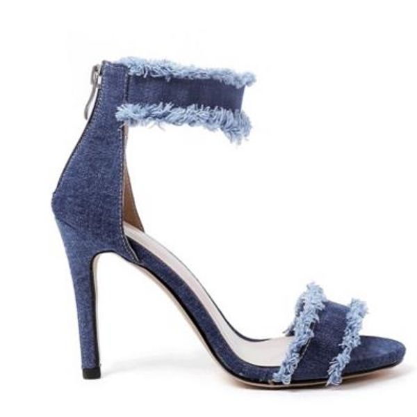 

arden furtado 2017 summer shoes for woman denim jeans sandals ankle-wrap high heels cover heel open toe women back zipper stiletto, Black