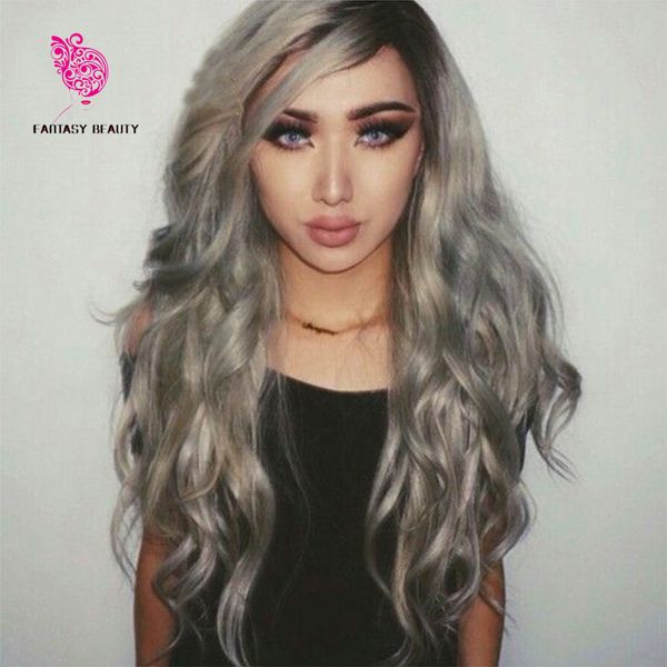 

8а омбре серебристо-серые волосы полный парики кружева девственные бразильские человеческие волосы t1b / серый укоренившиеся человеческие во, Black;brown