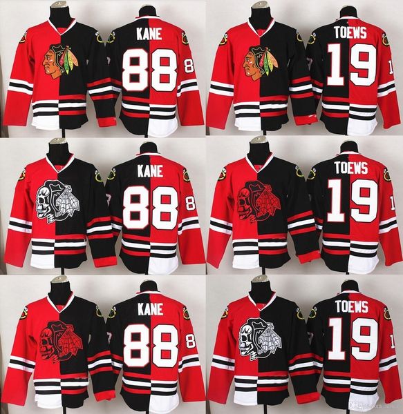 

2016 chicago blackhawks #88 kane #19 toews red/black split jerseys (red/white/yellow skull) ice hockey jersey selling, Black;red