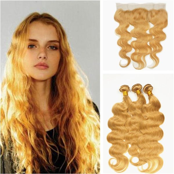 

body wave honey blonde lace frontal with bundles 9a virgin brazilian human hair with ear to ear lace frontal closure 4pcs/lot, Black;brown