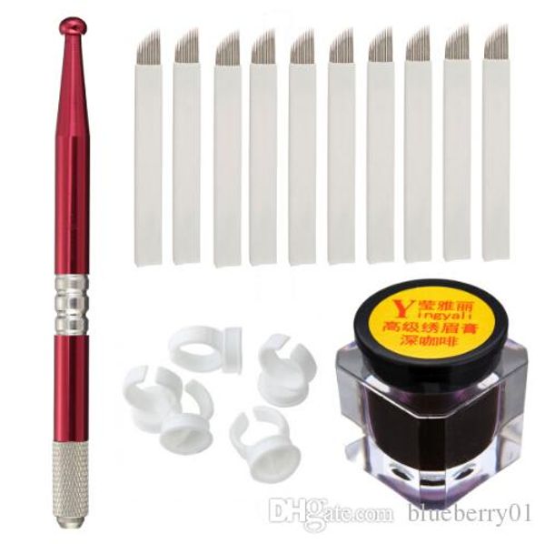 

semi-permanent eyebrow makeup tattoo kits set microblading manual tattoo pens + 18 pins needles + ring ink cup + tattoo-ink